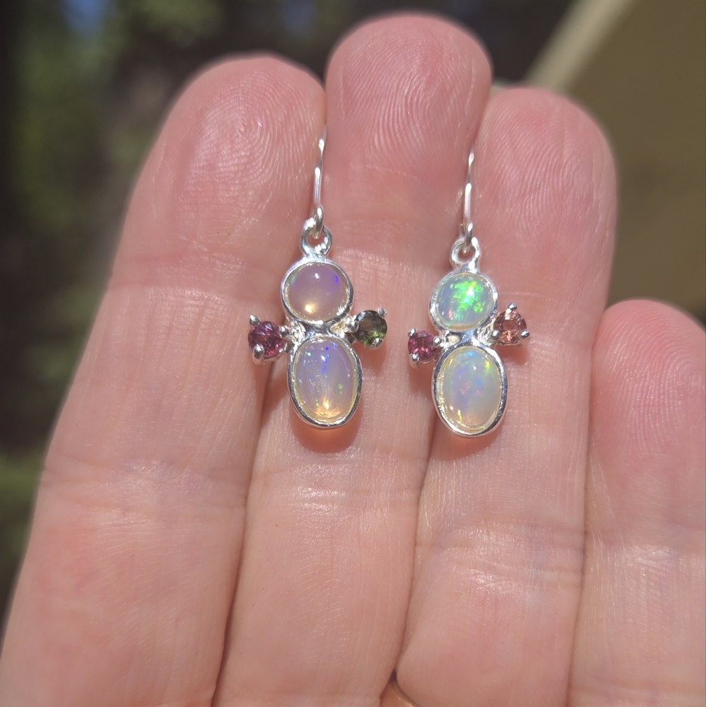 Opal 3k Each & Tourmaline Natural Gemstone Sterling Earrings - Picture 6 of 10